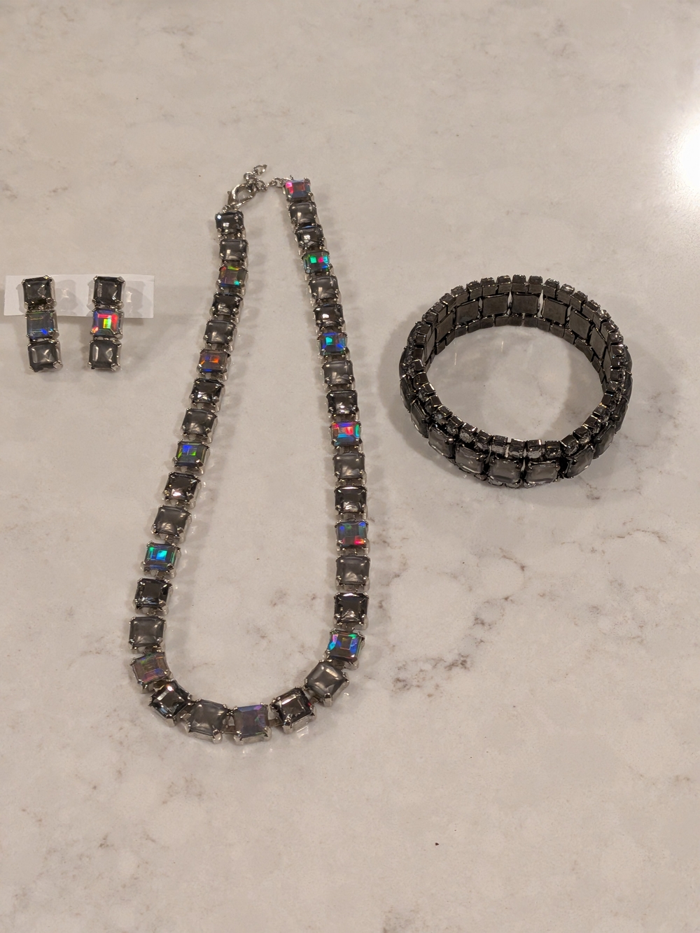 Vintage AB Rhinestone Necklac & Earring Set & Hematite Crystal Bracelet